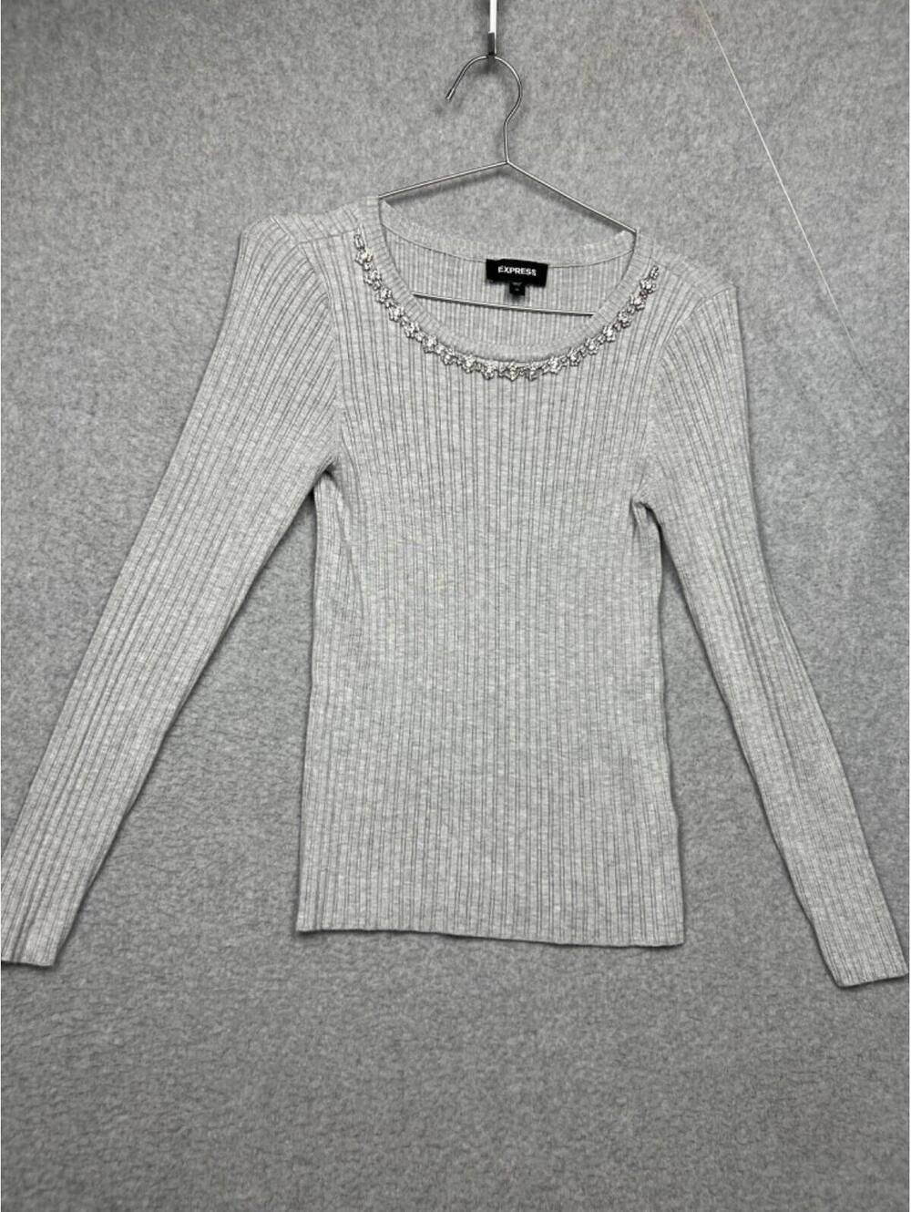 Express Womens Knitted Rhinstone Neck Knit Pullover Sweater M Long Sleeve Gray